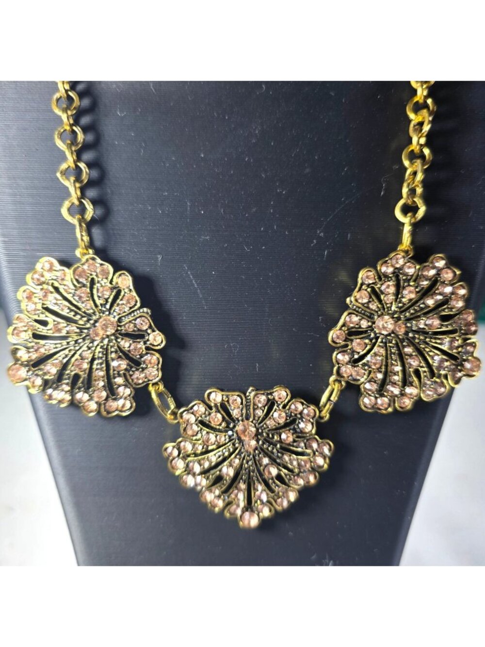 Yochi NY Gold-Tone Crystal Statement Necklace Floral Fan Pendant Womens Jewelry